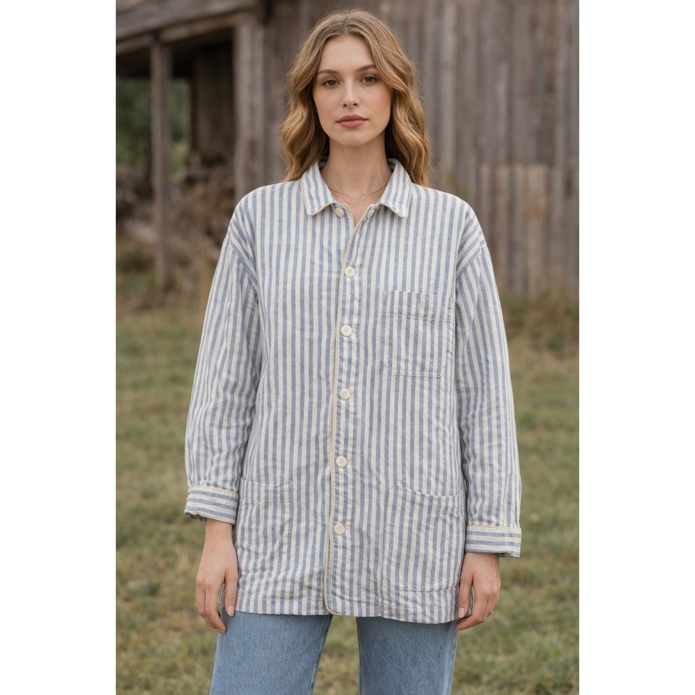 Trent Nathan Button Up Shirt Women's Sz L Blue White Striped Top Long Slv Preppy